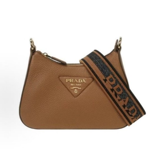 PRADA Metal engraved logo detachable and adjustable woven strap shoulder strap crossbody single-shoulder bag, regular women\'s style, brown